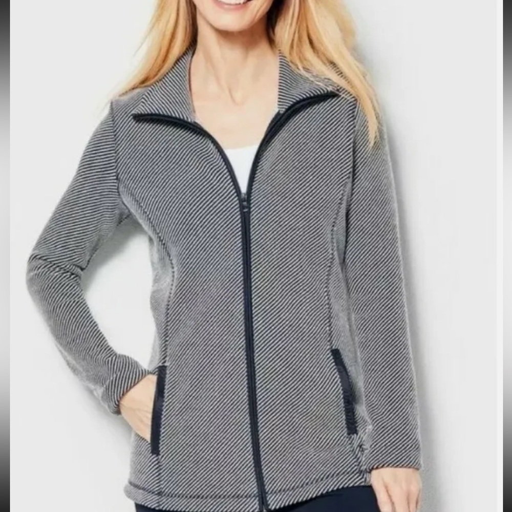 T by Talbot Womens L Jacket shirt textured Navy white Pockets Zip Up Knit Light